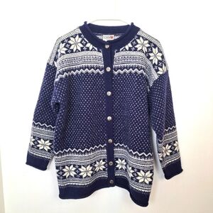 Vintage Char Navy Blue 100% Wool Fair Isle Buttom Up Cardigan Sweater Size Small